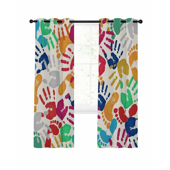 Colorful Handprints Blackout Curtains, Light Blocking Print Window Curtains, Rainbow Abstract Hand Foot Prints Thermal Insulated Window Drapes for Living Room Kitchen Cafe 2 Panels, 104"W x 96"L