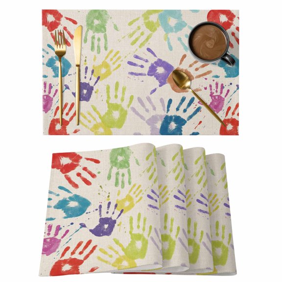 Colorful Handprints on Burlap Linen Placemats Set of 6,Wipeable Washable Table Mats for Dining Tables, Watercolor Hands Texture Place Mats for Kitchen Event Party Tabletop Decor