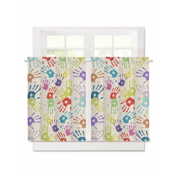 Colorful Handprints on Burlap Linen Short Blackout Curtains 45 Inch Long,Watercolor Hands Texture Rod Pocket Kitchen Curtains,2 Panels Thermal Insulated Room Darkening Drapes for Bedroom,30"W x 45"L