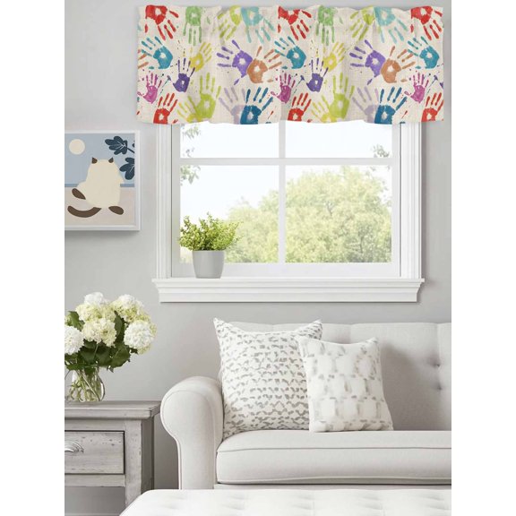 Colorful Handprints on Burlap Linen Valances for Windows,Kitchen Valance Rod Pocket Short Curtain, Watercolor Hands Texture Valance Curtain Window Valances for Bedroom Bathroom Living Room 60x18in