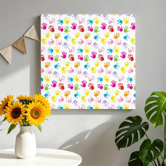 Colorful Handprints Canvas Wall Art, Modern Abstract Watercolor Yellow Pink Green Hands Framed Canvas Wall Decor Picture Print Artwork Decorations for Living Room Office Ready to Hang 8" x 8"