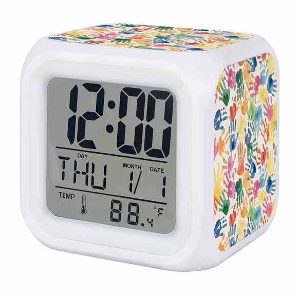 Colorful Handprints Digital Alarm Clock for Bedrooms, Smart LED Alarm Clock with 7 Color Changing Night Light, Rainbow Fingerprint Abstract Art Silent Wake Up Clocks for Sleep Study Cooking 3.2"x3.2"