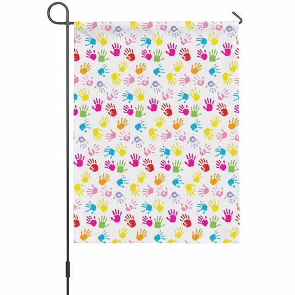Colorful Handprints Garden Flag 12 x 18 Inches, Modern Abstract Watercolor Yellow Pink Green Hands Weather Proof Outdoor Patio Flags Double Sided Small Garden Decoration for Yard Outside Home