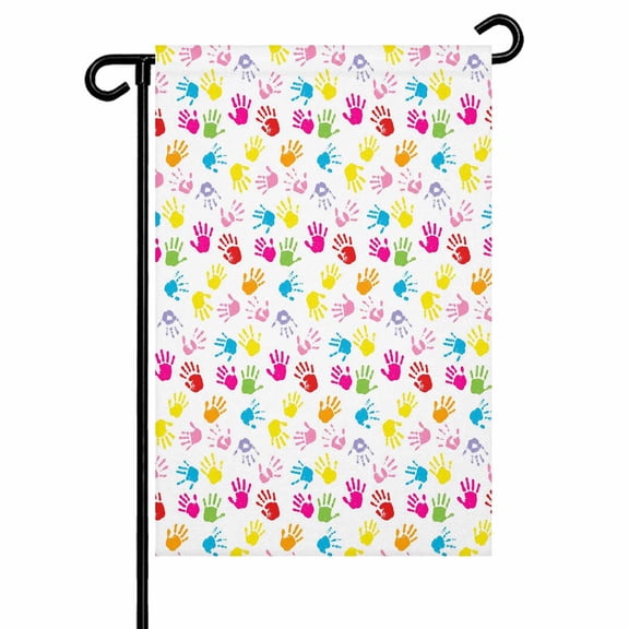 Colorful Handprints Garden Flag 12x18 Inch Modern Abstract Watercolor Yellow Pink Green Hands Double Sided Small Decorative Garden Flags for Outside, Outdoor Yard Porch Lawn Decoration