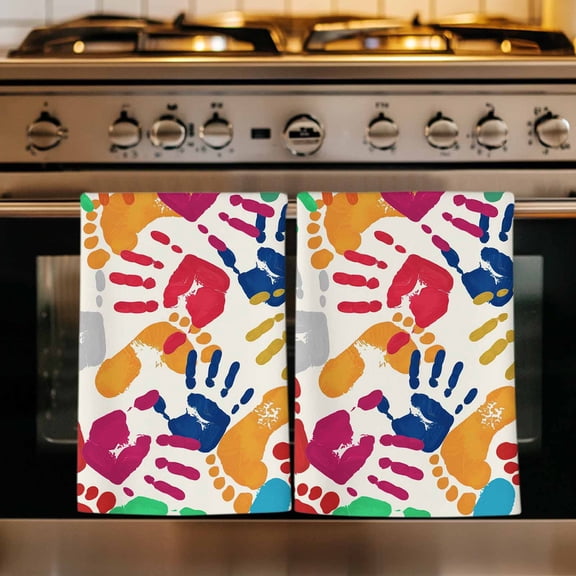 Colorful Handprints Kitchen Towels Set of 4, Rainbow Abstract Hand Foot Prints Absorbent Dish Towels for Kitchen, Microfiber Hand Towel, Quick Drying Tea Towel for Cleaning Decorative Dishcloths