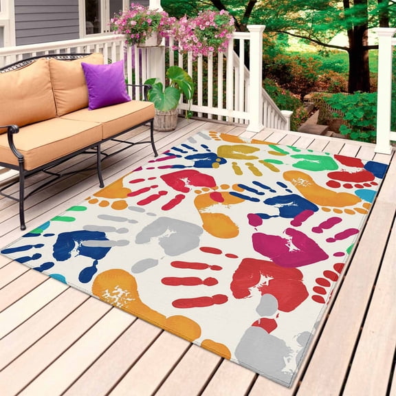 Colorful Handprints Outdoor Rug 3x5 Ft, Non Slip Washable Area Rug, Rainbow Abstract Hand Foot Prints Patio Rugs Carpet Runner, Large Floor Mat for Indoor/Outdoor Deck Porch Camping