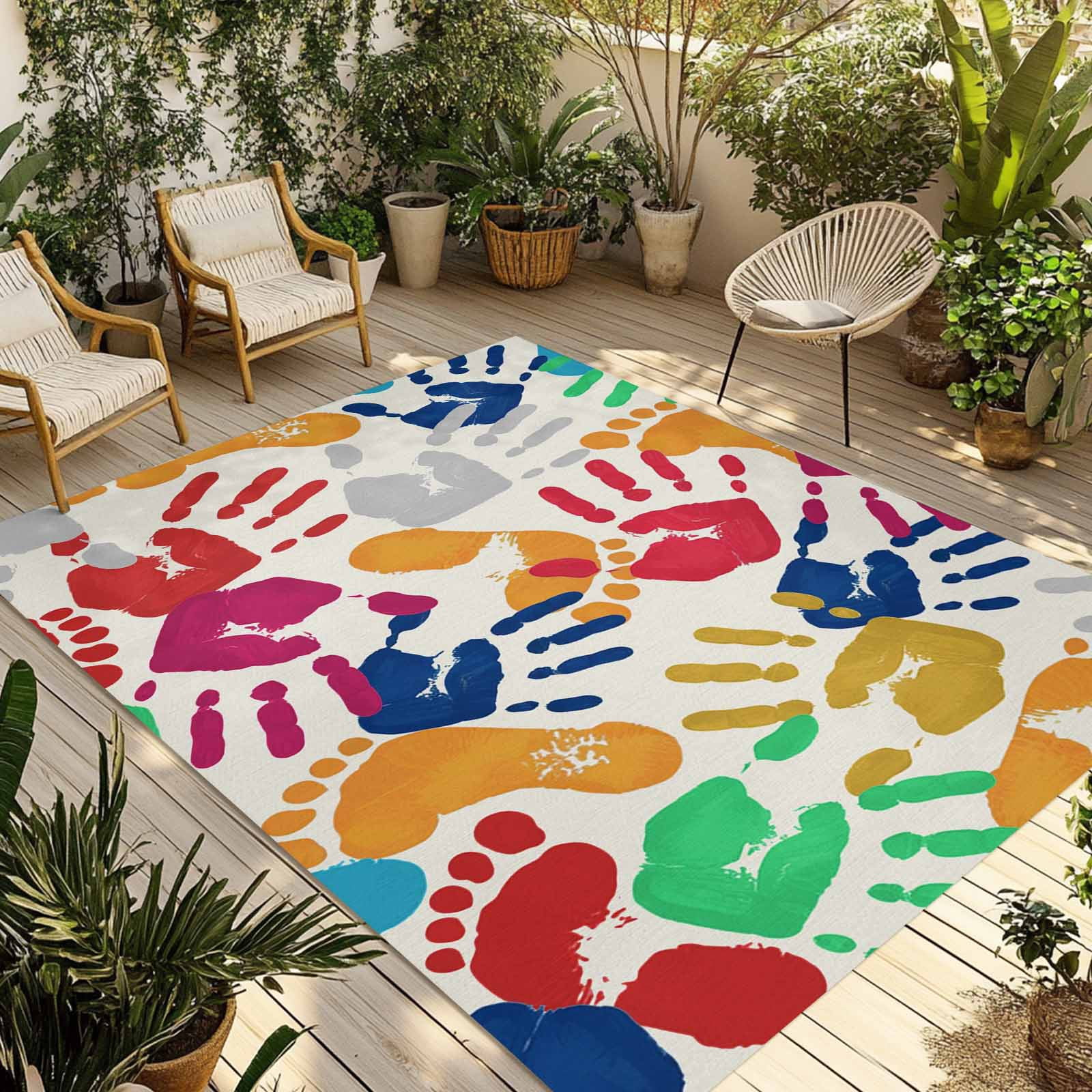 Colorful Handprints Outdoor Rug for Patio/Deck/Porch, Non-Slip Large ...