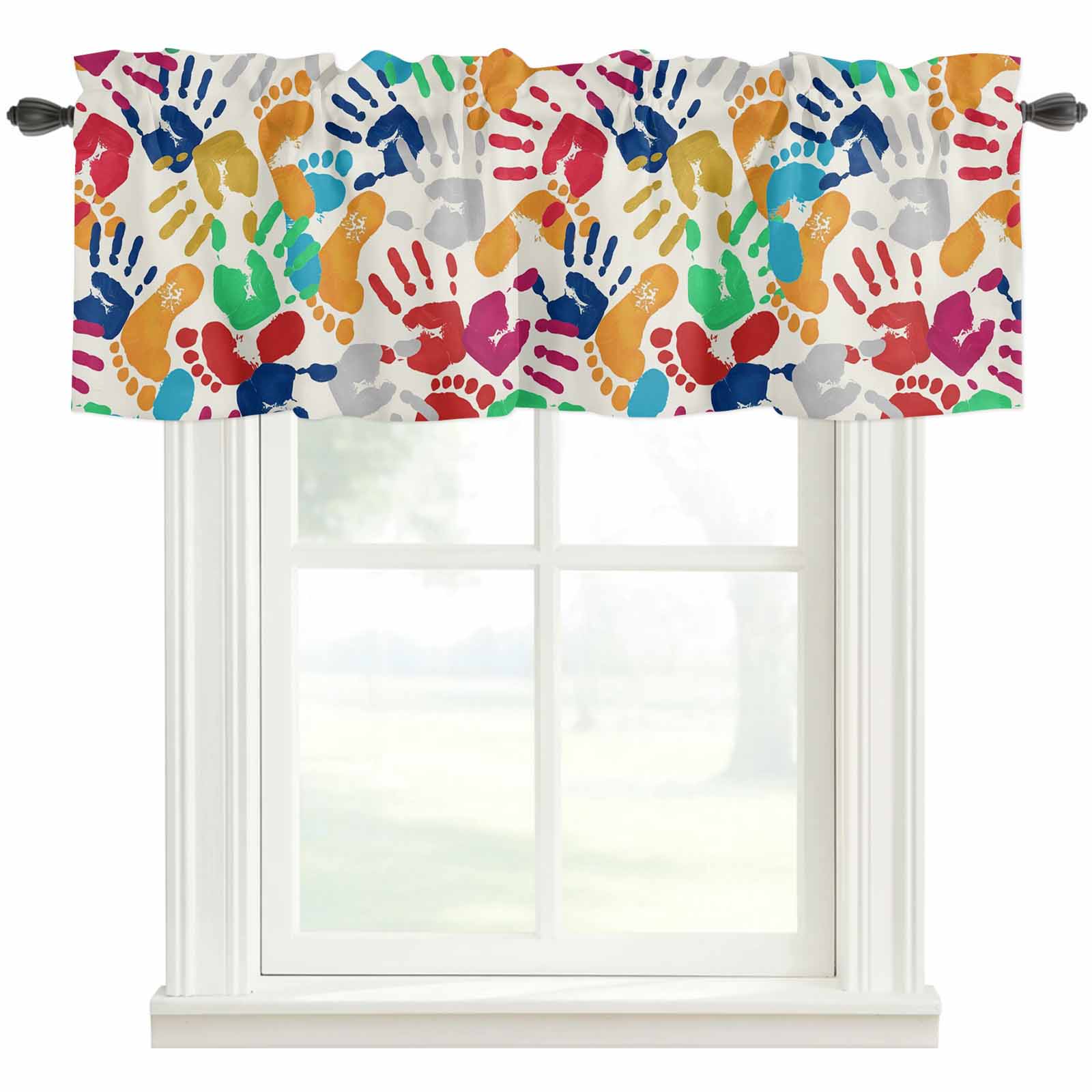 Colorful Handprints Rod Pocket Curtain Valance, Rainbow Abstract Hand ...