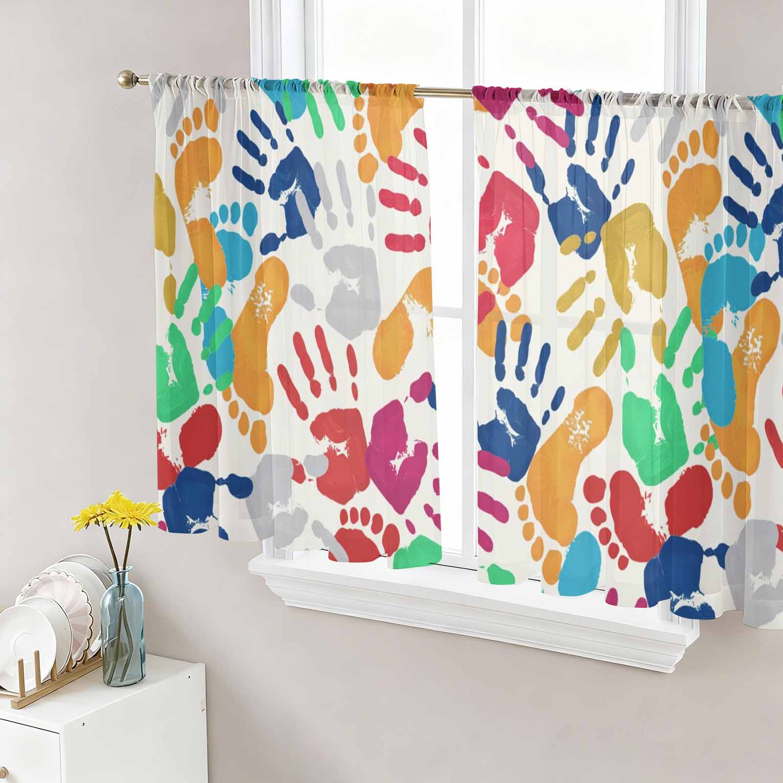 Colorful Handprints Sheer Curtains 45 Inch Length 2 Panels Set Window ...