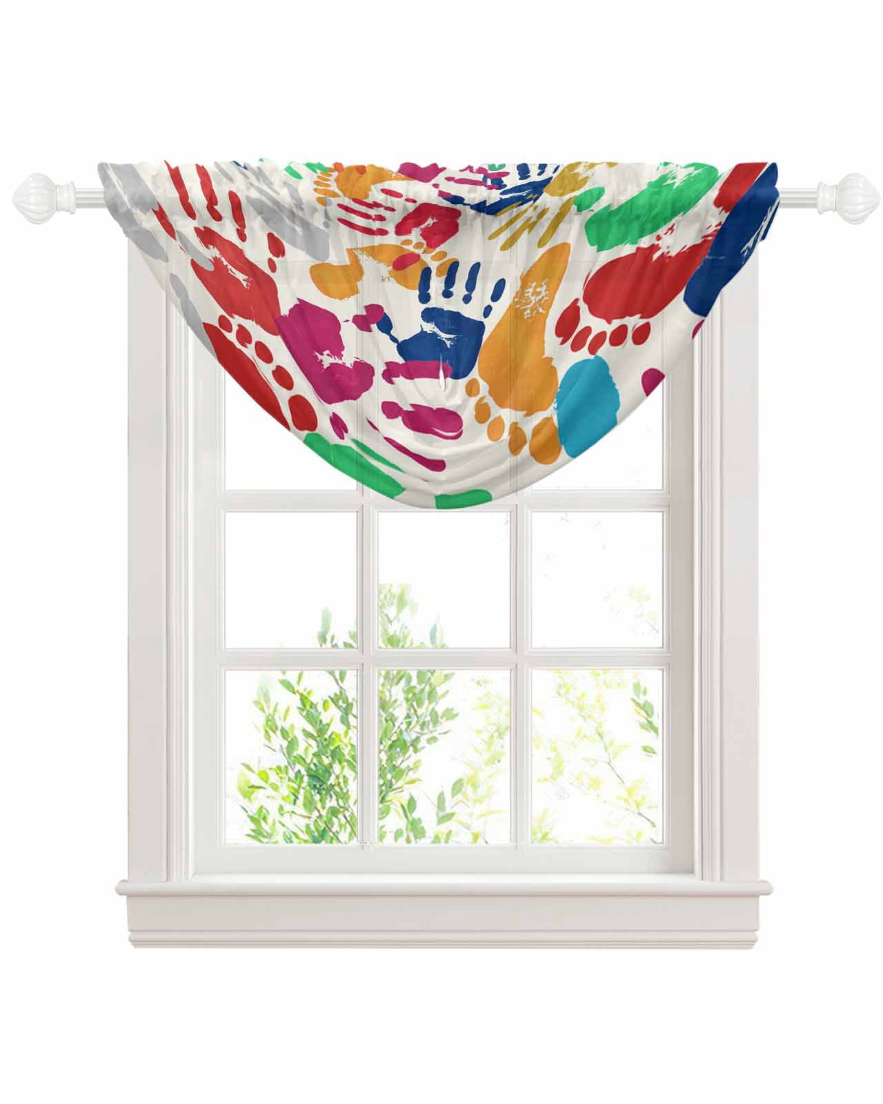 Colorful Handprints Sheer Waterfall Valance Curtains for Window ...
