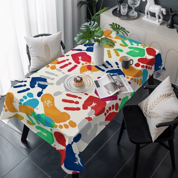 Colorful Handprints Table Cloth Waterproof Tablecloths, Rainbow Abstract Hand Foot Prints Tablecloth Dining Table Cover for Kitchen Party Tabletop Outdoor, Rectangle Tablecloth 60x120 Inch
