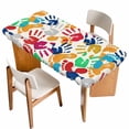thumbnail image 1 of Colorful Handprints Table Cloths for 3 Foot Rectangle Tables, Rainbow Abstract Hand Foot Prints Patio Waterproof Elastic Fitted Tablecloths, Washable Rectangular Table Cover for Camping, 1 of 8