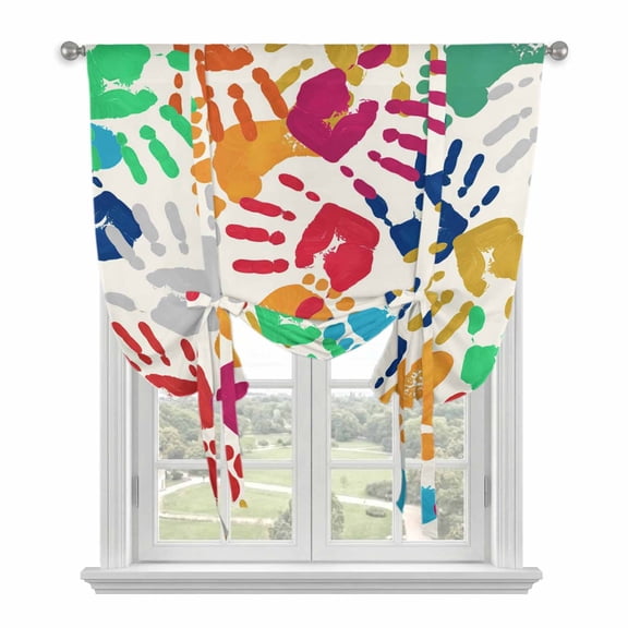 Colorful Handprints Tie Up Curtains for Windows, Adjustable Balloon Window Shades, Rainbow Abstract Hand Foot Prints Kitchen Window Treatments Adjustable Roll Up Curtain for Basement/Nursery 52"x45"