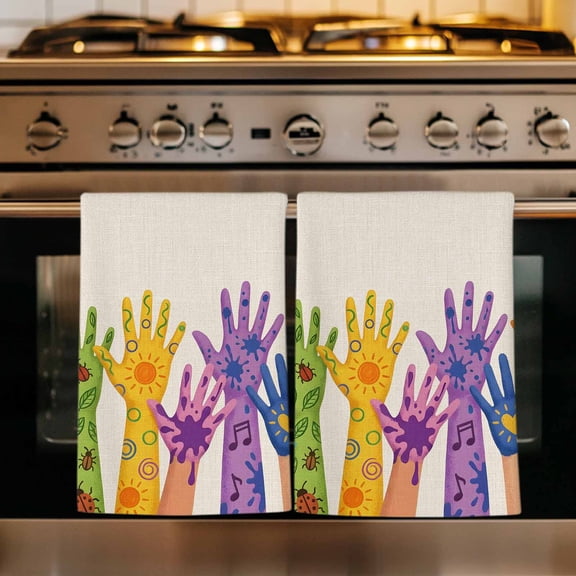 Colorful Hands Print Kitchen Towels Set of 4, Cartoon Cute Funny Beige on Linen Absorbent Dish Towels for Kitchen, Microfiber Hand Towel, Quick Drying Tea Towel for Cleaning Decorative Dishcloths