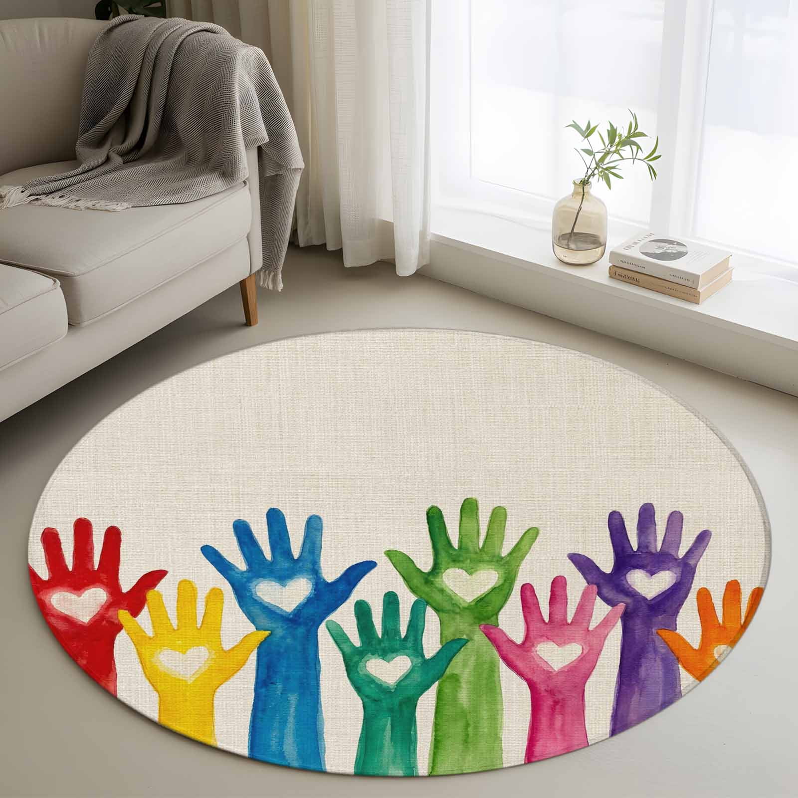 Greetings Rug Colorful Hands Print Round Area Rug 4Ft Washable Circle Rugs for ...
