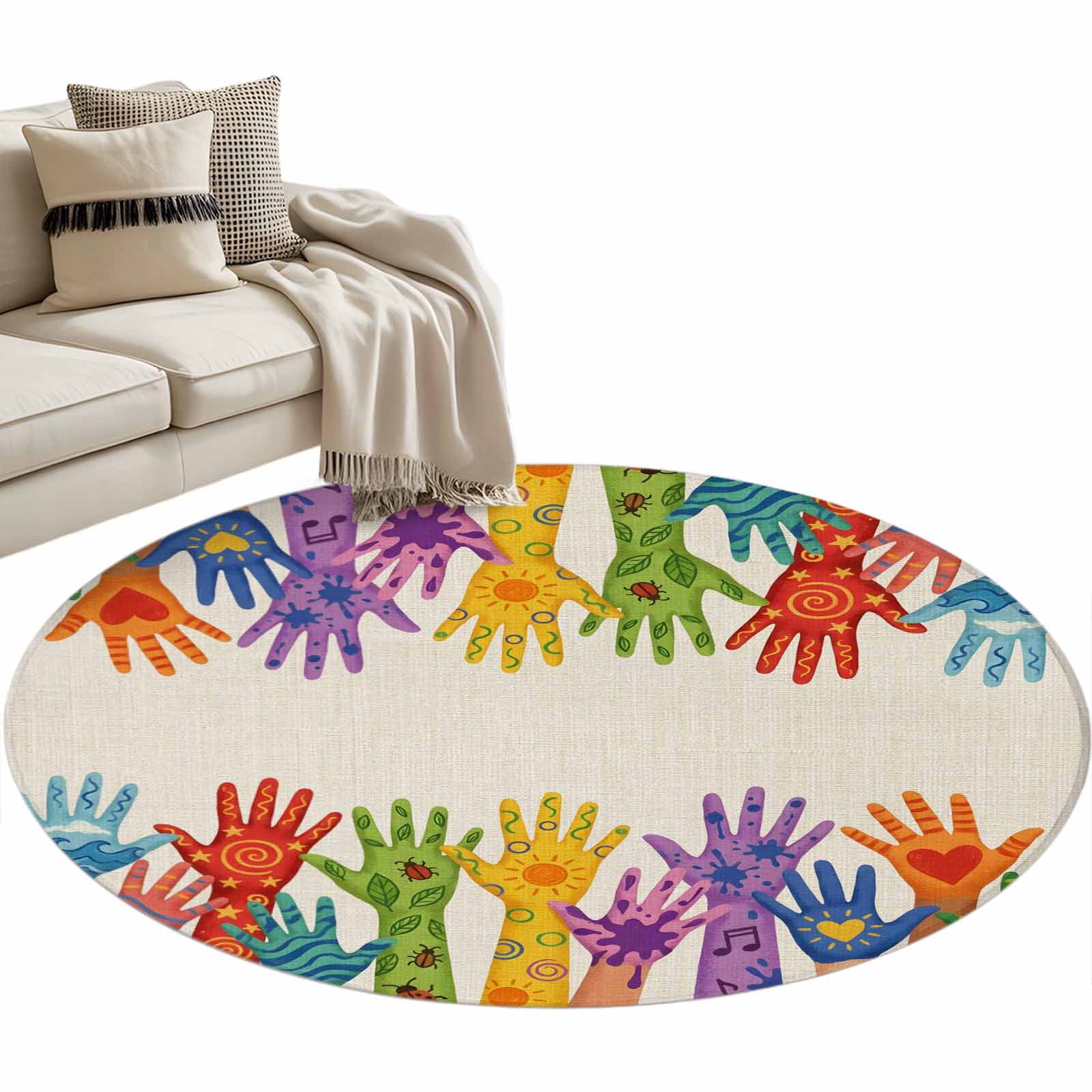 Colorful Hands Print Round Rug 3.3ft Washable Circle Entryway Rugs Non ...