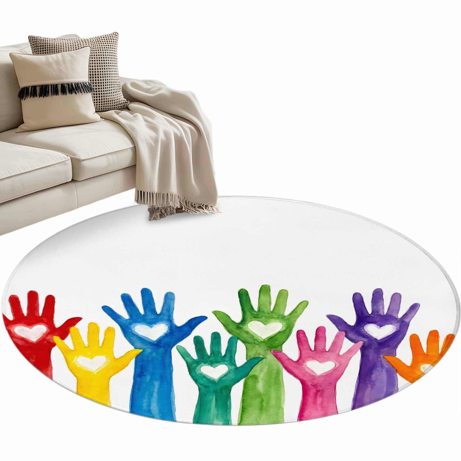 Colorful Hands Print Round Rug 3.3ft Washable Circle Entryway Rugs Non ...