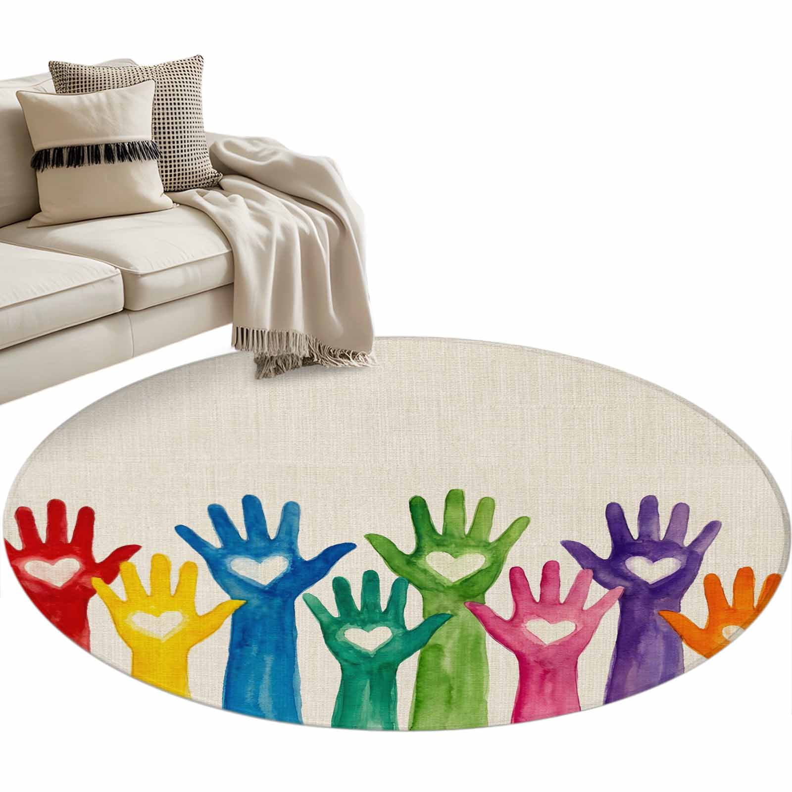 Colorful Hands Print Round Rug 4ft Washable Circle Entryway Rugs Non ...