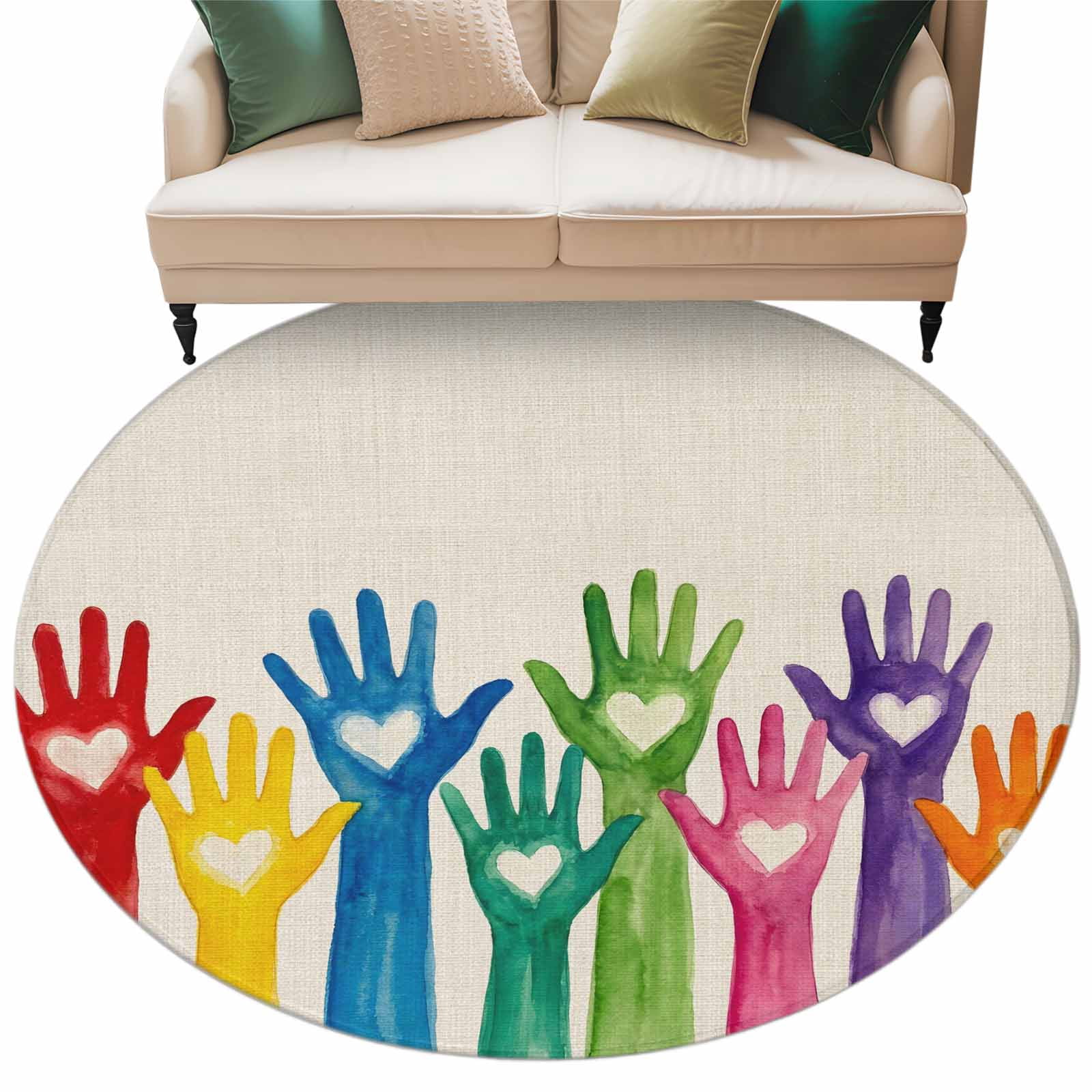 Colorful Hands Print Round Rug 7ft Washable Circle Rugs Non Slip ...