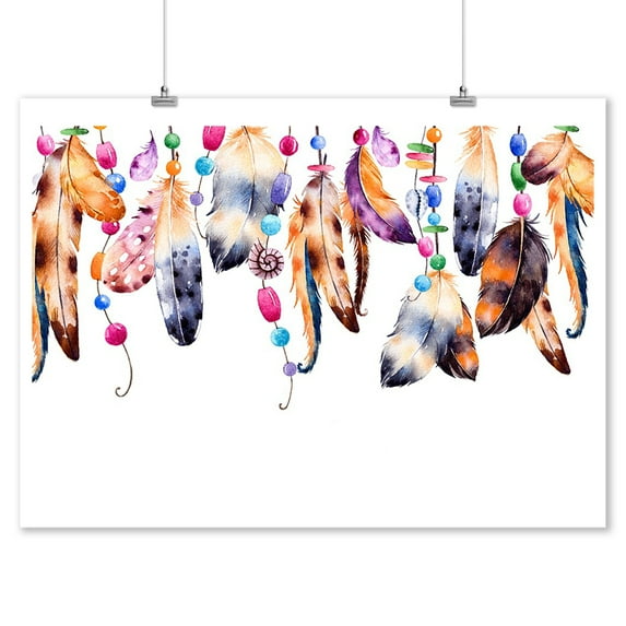 Colorful Hanging Feathers - Lantern Press Artwork (9x12 Art Print, Wall Decor Travel Poster)