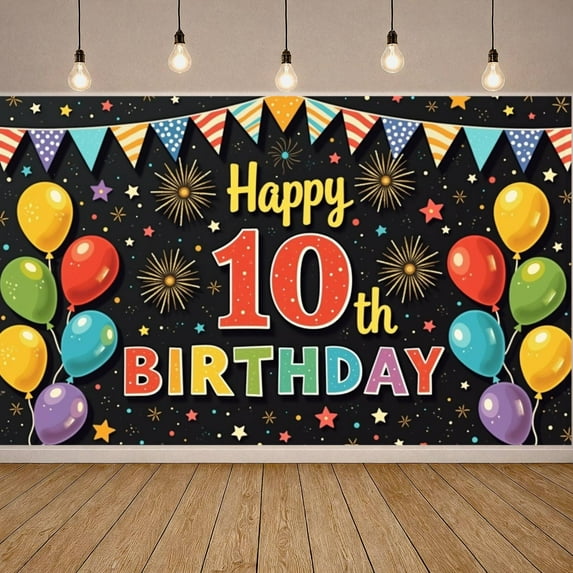 Colorful Happy 10th Birthday Banner Festive Party Backdrop Happy 10th Birthday Themed Balloon Decor Celebration Background for 10th Birthday Party Kids' Gathering Indoor Decoration