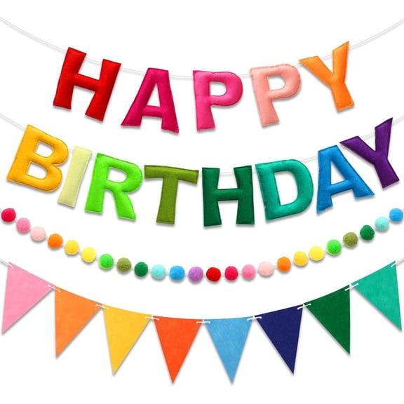 Colorful Happy Birthday Banner Garland Set - Pre-Strung Reusable Felt Decor for Women Men Boys Girls Party