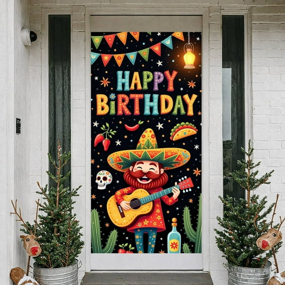 Colorful Happy Birthday Banner Mexican Style Fiesta Display Skull Pattern Cactus Celebration Background for Birthday Party Fiesta Celebration Mexican Theme Event