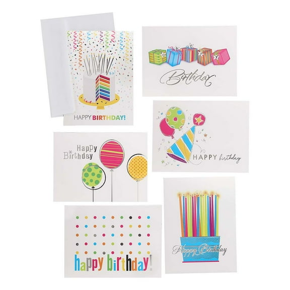 Colorful Happy Birthday Card Assortment / 24 Cards With White Envelopes / Real Silver Foil / 4 5/8" x 6 1/4" Folded Greeting Cards With Inside Verse / 6 Modern Designs