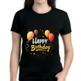 thumbnail image 1 of Colorful Happy Birthday Cotton Short Sleeve T-Shirt for Women - Festive Design with Balloons Stars and Sparkles, 1 of 6