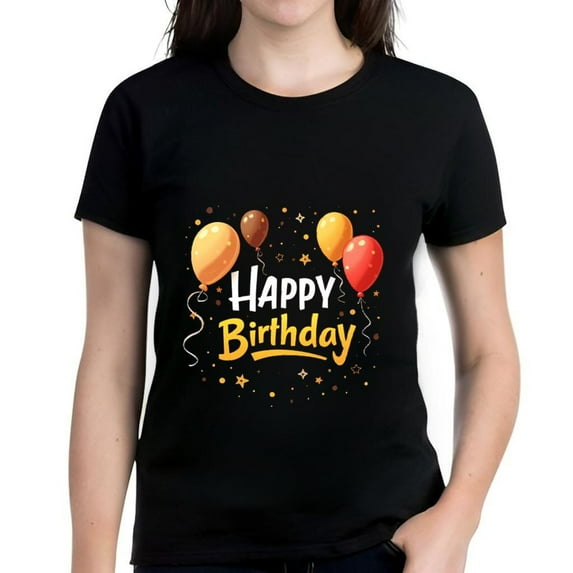 Colorful Happy Birthday Cotton Short Sleeve T-Shirt for Women - Festive Design with Balloons Stars and Sparkles