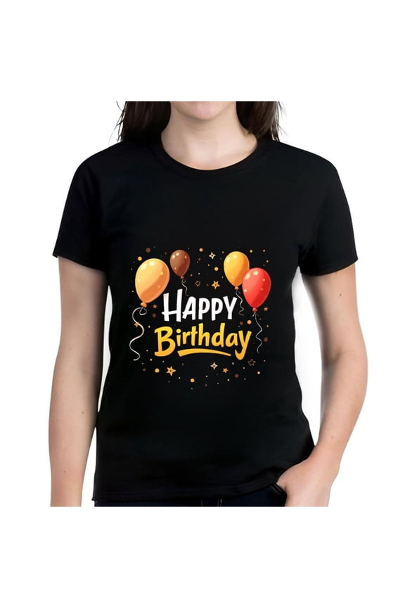 Colorful Happy Birthday Cotton Short Sleeve T-Shirt for Women - Festive Design with Balloons Stars and Sparkles