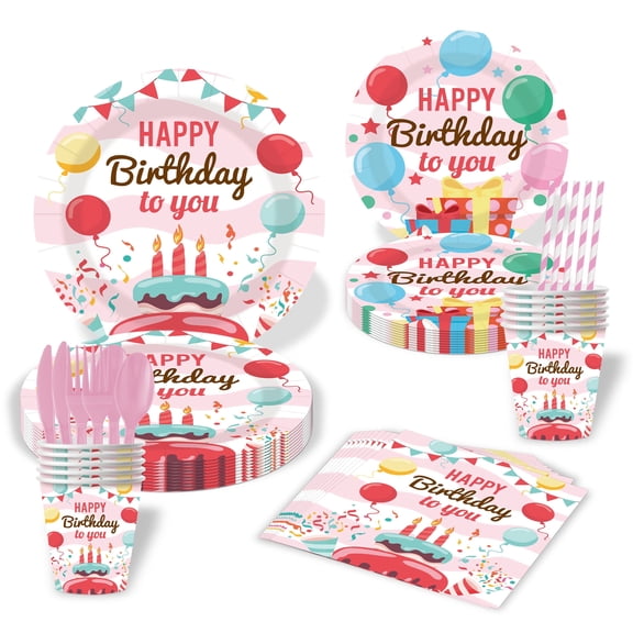 Colorful Happy Birthday Disposable Tableware Set - Serves 10, Includes 7/9 Inch Plates, Cups, Napkins, Cutlery & Straws, Perfect for Kids Birthdays, Party Celebrations & Gatherings