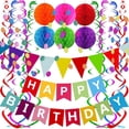 thumbnail image 1 of Colorful Happy Birthday Party Decorations Set - Paper Banner, Flag Bunting, Circle Garland, Swirl Streamers & Honeycomb Balls, 1 of 6