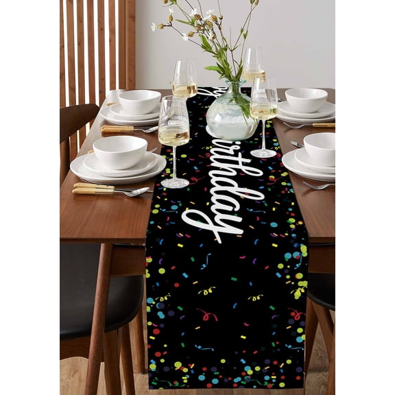Colorful Happy Birthday Table Runner 13x36in Non-Slip Cotton Linen Table Runners, Black Dresser Scarves TableRunner for Dinner Kitchen Dining Wedding Party
