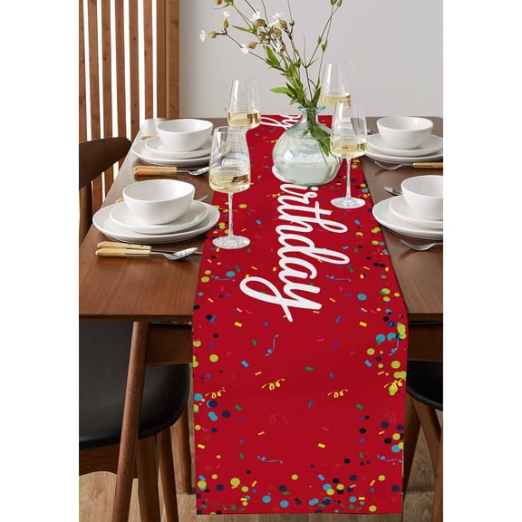 Colorful Happy Birthday Table Runner 13x36in Non-Slip Cotton Linen Table Runners, Red Dresser Scarves TableRunner for Dinner Kitchen Dining Wedding Party