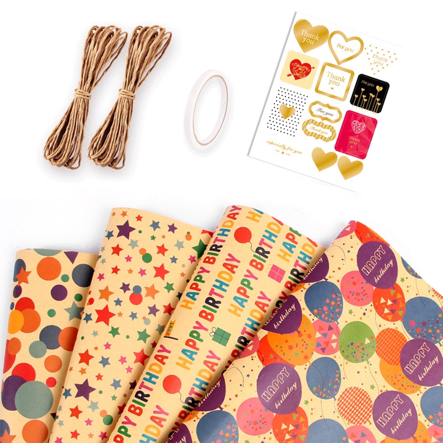 Colorful Happy Birthday Wrapping Paper Set with Stickers&Straw Ropes ...