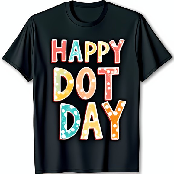 Colorful Happy Dot Day Graphic on Black T-Shirt Fun Polka Dot Design