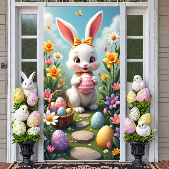 Colorful Happy Easter Banner Bunny Shaped Easter Bunny Display Peeps Design Polka Dot Pattern Peeps Backdrop for Easter Party Spring Celebration Holiday Gathering