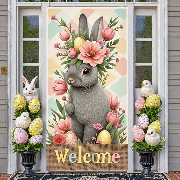 Colorful Happy Easter Banner Bunny Shaped Easter Bunny Display Peeps Design Polka Dot Pattern Peeps Backdrop for Easter Party Spring Celebration Holiday Gathering