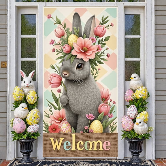 Colorful Happy Easter Banner Bunny Shaped Easter Bunny Display Peeps Design Polka Dot Pattern Peeps Backdrop for Easter Party Spring Celebration Holiday Gathering
