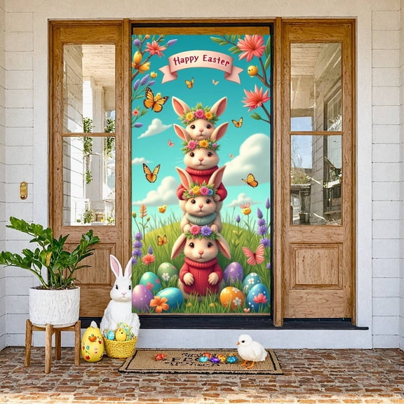 Colorful Happy Easter Banner Bunny Shaped Easter Bunny Display Peeps Design Polka Dot Pattern Peeps Backdrop for Easter Party Spring Celebration Holiday Gathering