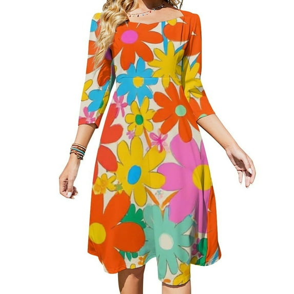 Colorful Happy Flower Art Print Sweetheart Knot Flared Dress Fashion Design Large Size Loose Dress Spring Summer Women Dress