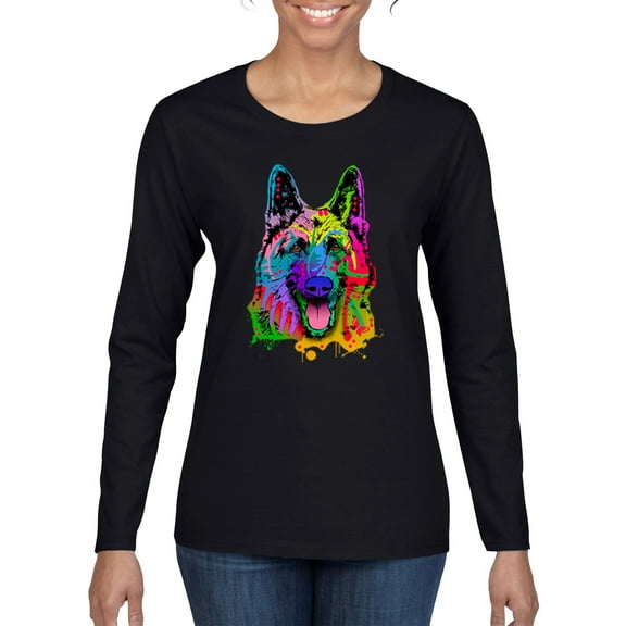 Colorful Happy German Shepherd Dog Animal Lover Womens Graphic Long Sleeve T-Shirt, Black, Small