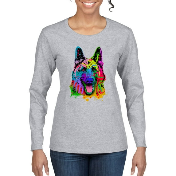 Colorful Happy German Shepherd Dog Animal Lover Womens Graphic Long Sleeve T-Shirt, Heather Grey, 2XL