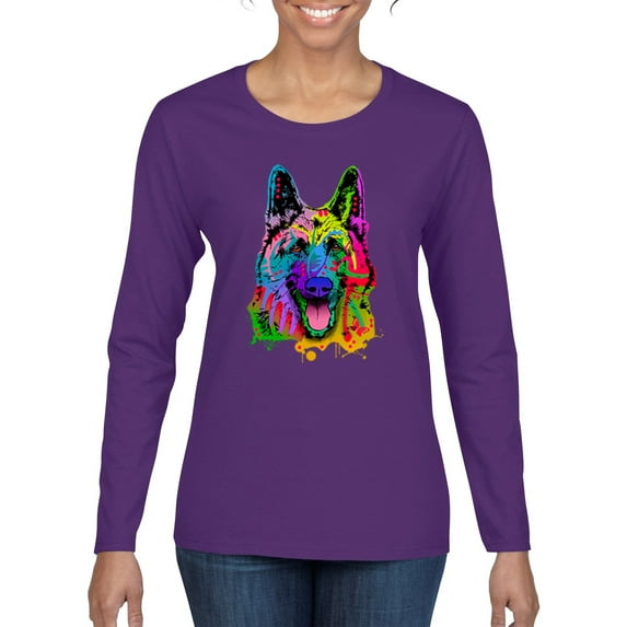Colorful Happy German Shepherd Dog Animal Lover Womens Graphic Long Sleeve T-Shirt, Purple, 2XL