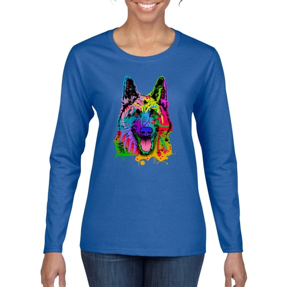 Colorful Happy German Shepherd Dog Animal Lover Womens Graphic Long Sleeve T-Shirt, Royal, Large