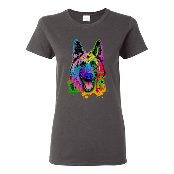 Colorful Happy German Shepherd Dog Animal Lover Womens Graphic T-Shirt, Charcoal, Small