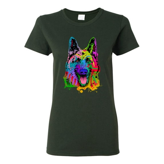 Colorful Happy German Shepherd Dog Animal Lover Womens Graphic T-Shirt, Forest Green, Medium