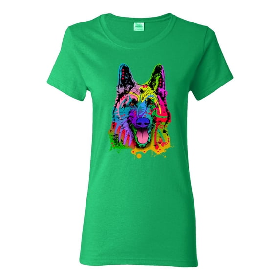 Colorful Happy German Shepherd Dog Animal Lover Womens Graphic T-Shirt, Kelly, Small