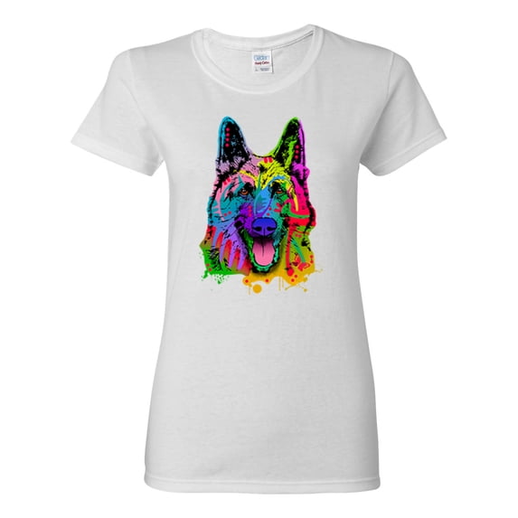 Colorful Happy German Shepherd Dog Animal Lover Womens Graphic T-Shirt, White, 2XL